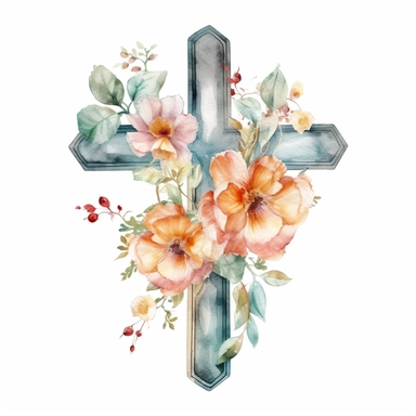 Watercolor sketch of floral cross, natural single design, highlydetailed, clipart style, white background, 8k
