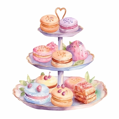 Clipart, Watercolor, Boho tier candy tray with cakes and sandwiches, pastel color, hand-draw, texture