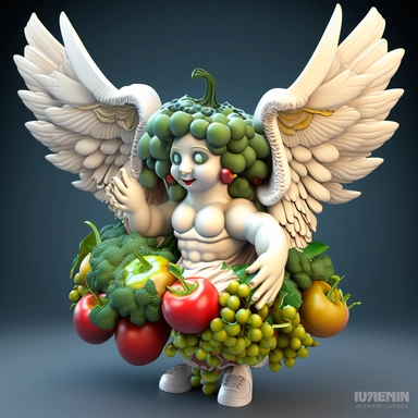 3D Angel Cartoon in the form of vegetables and fruits with many many wings and one halo clipart mascot , with a transparent background, 128K super mega pixel, insane detail, hyper-detailed, with huge details, UHD, 8K