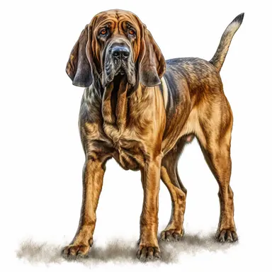 bloodhound in the style of digital airbrushingstanding realistic yet stylized, digitally enhanced, clipart, 32k uhd, detailed crosshatching white background
