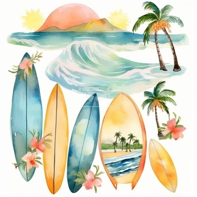 Watercolor Pastel Hawaii Clipart - watercolor surfing tropical island clip art in PNG format instant download for commercial use