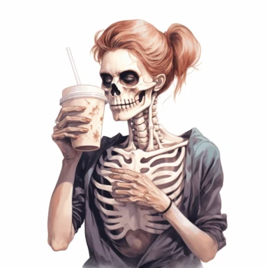 a realistic image of a skeleton with a messy bun hairdo, holding an iced coffee in her hand, clipart, isolated on a pure white background