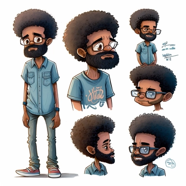 Draymon, 40 year old black man, illustration for children's book, multiple poses and expressions,40 years old, curly black and gray faded flat top afro, large eyes, wearing blue jeans, blue shirt, brown shoes, full beard, full lips, Watercolor Clipart, strybk, full Illustration, 4k, sharp focus, watercolor, smooth soft skin, symmetrical, soft lighting, detailed face, watercolor style, strybk, Octane rendering, 3d. Perfect face, detailed face, delicate face, perfect round lips, detailed eyes. Ghi