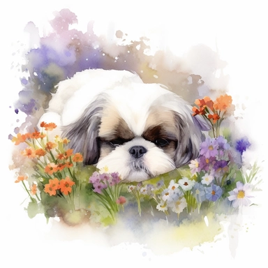 A serene watercolor painting with a sleeping Shih Tzu amidst a fragrant flower garden, evoking a sense of tranquility and serenity, white background and watercolor clipart.