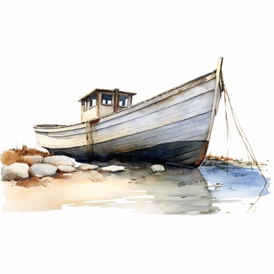 a boat by seashore, watercolor painting by ANDREW WYETH, clipart, white background