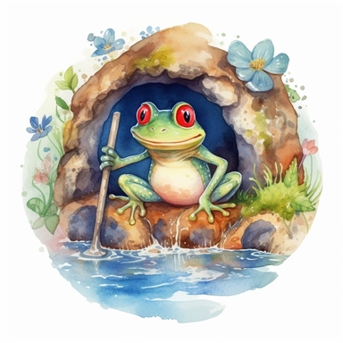 Create a watercolor illustration clipart of a playful cute Frog Digging a tunnel, with its full body visible. Use soft, flowing brushstrokes and a warm, inviting color palette to create an image that is both charming and whimsical. Incorporate intricate details like the motion of the Frog Digging a tunnel to create a lifelike, realistic image. Can add other elements to the illustration like related item to play to create playful scene. Use white background to allow the watercolor textures to shi