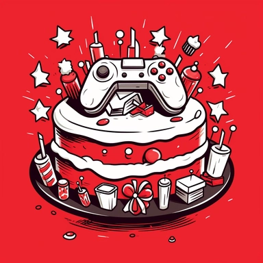 black and white cartoon style clipart of a generic video game controller and birthday cake mashup solid red background