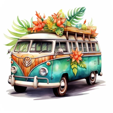 *Hawaii TIKI CAR watercolor clipart, white background