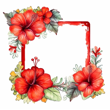Hibiscus Floral, square Frame, Watercolor Clipart, Cartoon style, Webtoon Resources, White Background