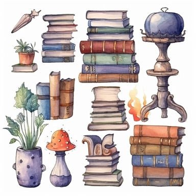 World book day hand drawn watercolor clipart set. Library books collection