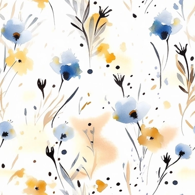 seamless pattern, painting of delicate cute wildflowers, light yellow and blue, single flowers, watercolor watercolour, clipart, pattern designs, animated gifs, simplistic, minimalist, abstract
