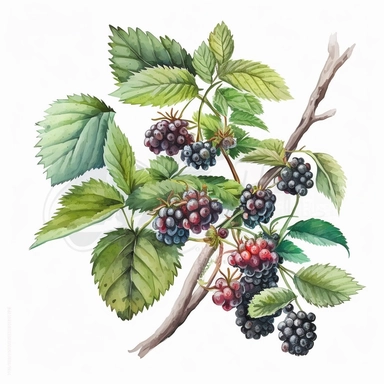 Watercolor one blackberry bush Clipart, berry, vibrant color, high details, white background, no text