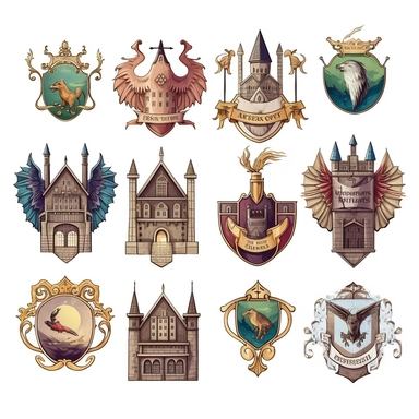 clip art of the house crests from harry potter, cartoon style, white background
