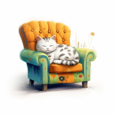 Cat asleep on an armchair, high definition, 8k, insanely detailed, white background, isolated clipart, fine detail, sharp focus, illustration, vector, children's book illustration style, bright and colourful illustration style of Jon Klassen and Atey Ghailan