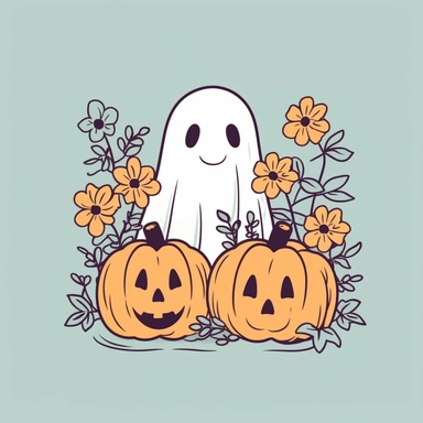 simple line art ghost clipart, flowers, halloween, pumpkins without faces, spooky