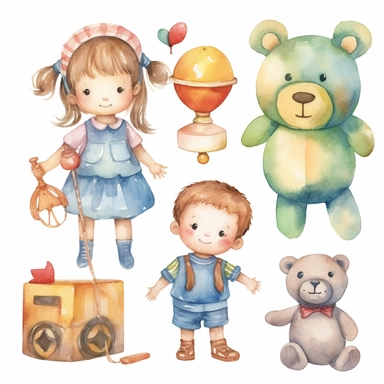 cute baby toys watercolor girl and boy clipart