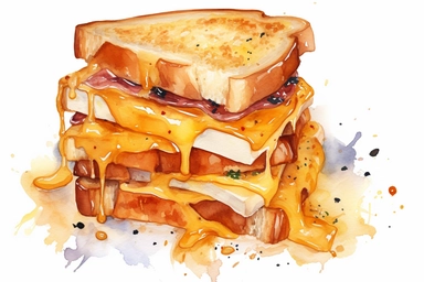 watercolor ham and cheese sandwich with melted cheese clipart art, hd, on white background, spaced out