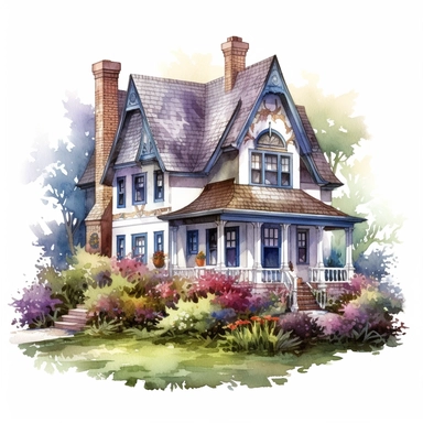 Fairytale Style beautiful victorian style cottage house in the floral garden in the flowerland with watercolor effect,flowerland scene,flowers,fantasy style,realistic features,vibrant colors,suitable for digital clipart,white background Clipart ,Cartoon,hyper realistic, intricate detail, illustration style,high solution,on the white background