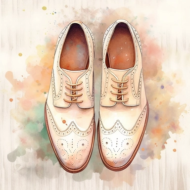 wedding watercolor graphics, subtle neutral pastel tones, sparklecore, embossed paper, Design a sophisticated wedding clipart showcasing the groom's shoes, meticulously crafted with sleek leather, laces, or buckles, representing the groom's impeccable style and attention to detail on his special day, candid, multi-layered