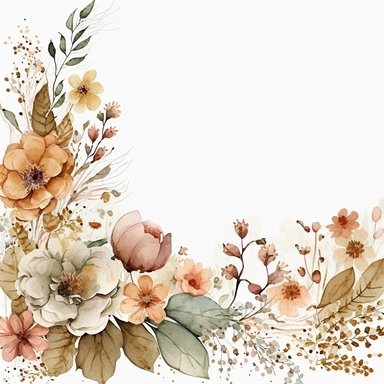 watercolor spring flower border, clipart isolated on clear white background, brown, peach, and cream, boho, lithograph, 32k uhd, textural