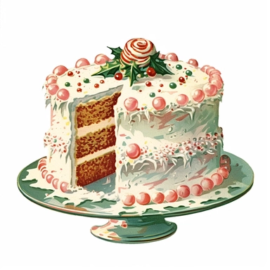 vintage Christmas cake clipart, with frosting, sprinkles, candy, m’n’ms, 1940s , chromolithograph, on a white background