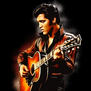 portrait view, full view, beautiful image of Elvis Presley with guitar and microphone, black, red and gold colors, exact image, romantic, fantasy, sharp focus, high detail, ethereal, 8k illustration clipart style, transparent background, (--iw 8)