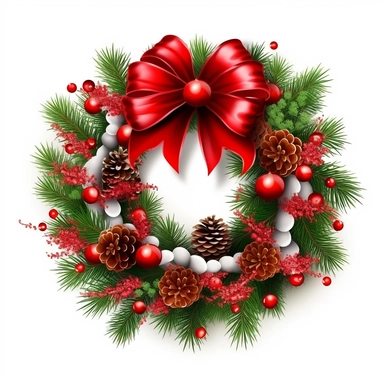 christmas pine and red bow wreath clipart, white background