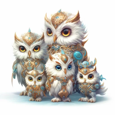 fantasy owl, fantastic owl, wallpaper owl, gods art, aion, Kawaii owl, wallpaper owl, gods art, aion, jewelry, A team of 6 supportive, curious, nerdy computer cats and robots, clipart by Sarah Anderson, pure white background
