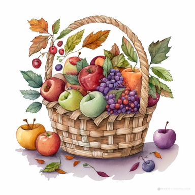 Create a hand-drawn less watercolor fashion illustration clipart of a basket of fall apples, featuring a charming and playful scene with a hand-drawn basket filled with fresh and colorful apples in shades of red, purple, and orange, set against a white background with a few scattered fallen leaves and a cute little worm peeking out, invoking the feeling of being in a whimsical and cheerful environment during the fall season.
