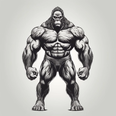 A human like body builder gorilla full body, black n white clip art illustration vector