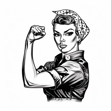 Rosie the Riveter, black and white clipart, perfect fist, no watermarks, vector quality, blank white background, highly detailed