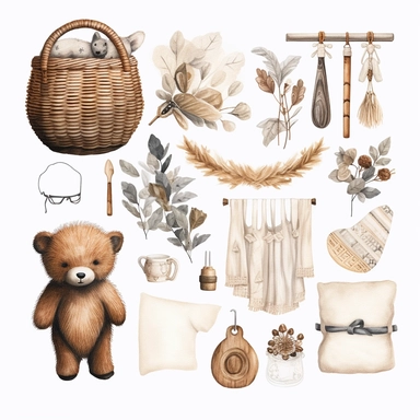 create beautiful clip art layout for boho baby items in high detail, uhd, white background, no shadows, extremely high resolution, white only background, very clean, with white space around each item