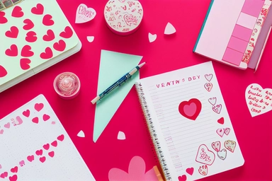 Valentine's day planner sticker set with love theme clipart and quotes. Red and pink diary decoration with hearts, birds, lips, kiss, washi tape pieces, notebooks and romantic phrases. .highly detailed, realistic, photo realistic, octane render, 4K, 8K, UHD, hyper detailed