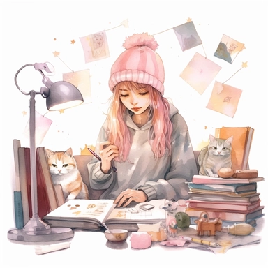 watercolor, hyper realistic, white background, white margins, 16k, ultra detailed clipart, cut out image, hand-drawn a girl working by a desk with a cat, a lamp and books, in the style of fairy kei, digital and glitchy, muted earth tones, light pink and dark brown, optical