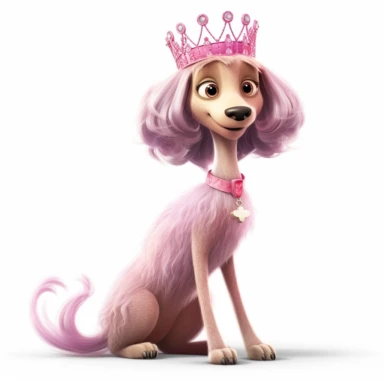 a beautiful skinny dog dressed as a princess, tiara, full body image, pixar style, clipart, white background,