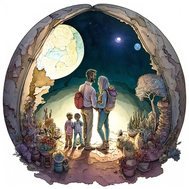 (perfect body figure) of a cute loving American family of 4, camping in a magical MARBLE GARDEN under starry night (a perfect close-up single-point-perspective view from the back) with its own habitats (flowers and plants) made into a natural-heart-shape, vintage in watercolor style clipart, use darker tones, higher saturation colors, Banksy artstyle with minimal effects, super creative watercolor, white background