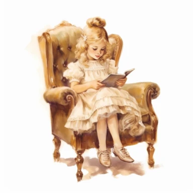 victorian vintage adorable little girl reading book on a vintage chair, full body, beige colors, clipart style, oil painting technique, super high quality, professional watercolor clipart, high resolution, 8k