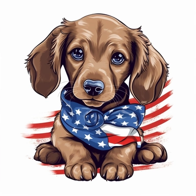 a cute dachshund puppy holding an american flag in his mouth, clipart style red white blue