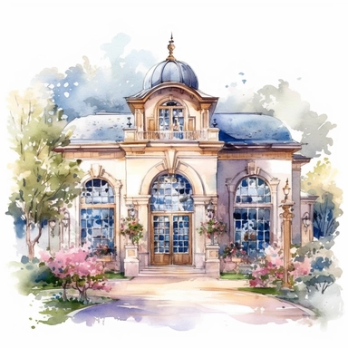 A charming watercolor painting of a library building with unique architectural details. clipart beauty and the beast, belle and beast walking in the garden watercolor, white background, high quality, light pastel colors, romantic, delicate, feminine, florals, lots of details, hyperrealistic