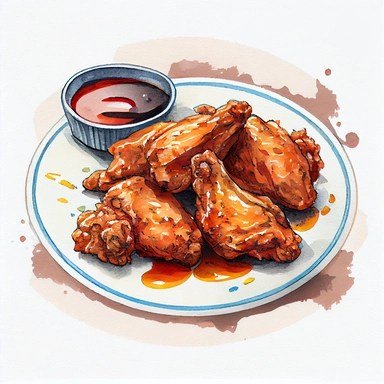 plate of fried chicken wings thighs, legs, ? watercolor and ink painting ? clipart illustration, retro 50s, high detail masterpiece, award winning, american fast food,