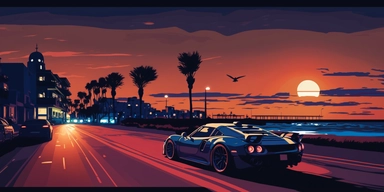 downtown huntington beach, road, sports car, digital art, clipart, sunset, dark blue sky
