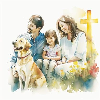 watercolor clipart, minimalist, isolated with white background, Happy Asian family mom, and dad smiling , and a child laughing with a puppy, sitting on the grass , primary color is yellow, blue and red, bright atmosphere, flat illustration, story telling, James jean, simple lines ,high resolution, church with a cross on top backgrounds