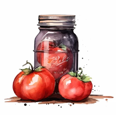 a single tomato mason jar watercolor clipart & clip art, in the style of light red and dark gray, narrative paneling, classic american cars, uhd image, hand lettering, depiction of rural life, wood