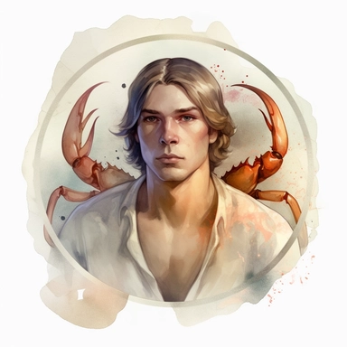zodiac sign cancer a handsome man, clip art, fantasy, watercolor, realism, serge marshennikov, crab on background