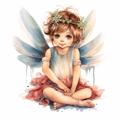 little girl, big eyes, dressed as a fairy with wings on her back, beautiful and happy, she is sitting and head is turned towards camera, very detailed and realistic, watercolor, white background with margins, clipart style