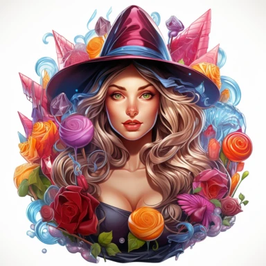 Sharp Illustration of a fantasy sweet candy witch clipart aginst white background in watercolor style, majestic scene, beautiful witch, sweets, vibrant colors, bubble gum, colorful candies, illustration style, vibrant colors, unreal engine 5, detailed illustration, high resolution, high quality, solid white background