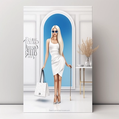 full view, clipart illustration, beautiful blonde lady posing dressed in white bodycon dress, standing in beautiful room with designer clothes on clothes rack and shopping bag, sharp focus, high detail, 8k, photo realistic, transparent background, (--iw 5)