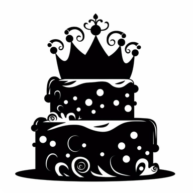 birthday cake with princess crown on, it decal simple cutout clipart, black silhouette,