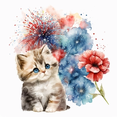 watercolor 4th of july cute kitten fireworks flowers clipart, white background