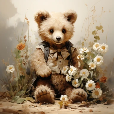 victorian vintage adorable little teddy with banquette and wild flowers, full body, clipart style, accurate details, oil painting technique, super high quality, professional oil painting clipart, high resolution